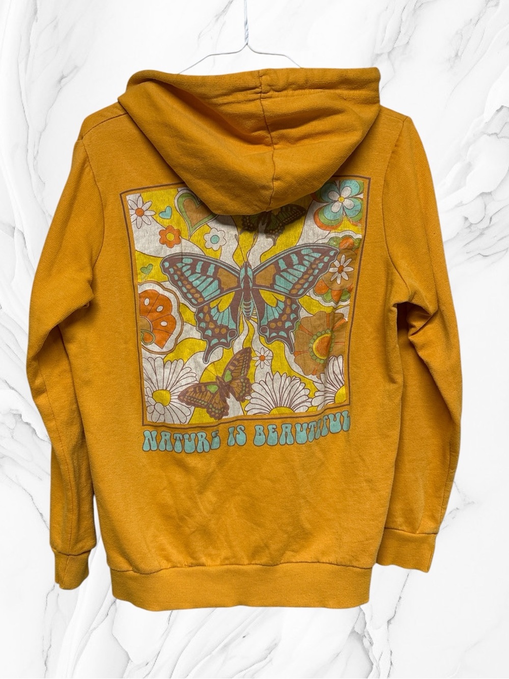 Chemistry Mustard Yellow Pullover Hoodie with butterfly design size small